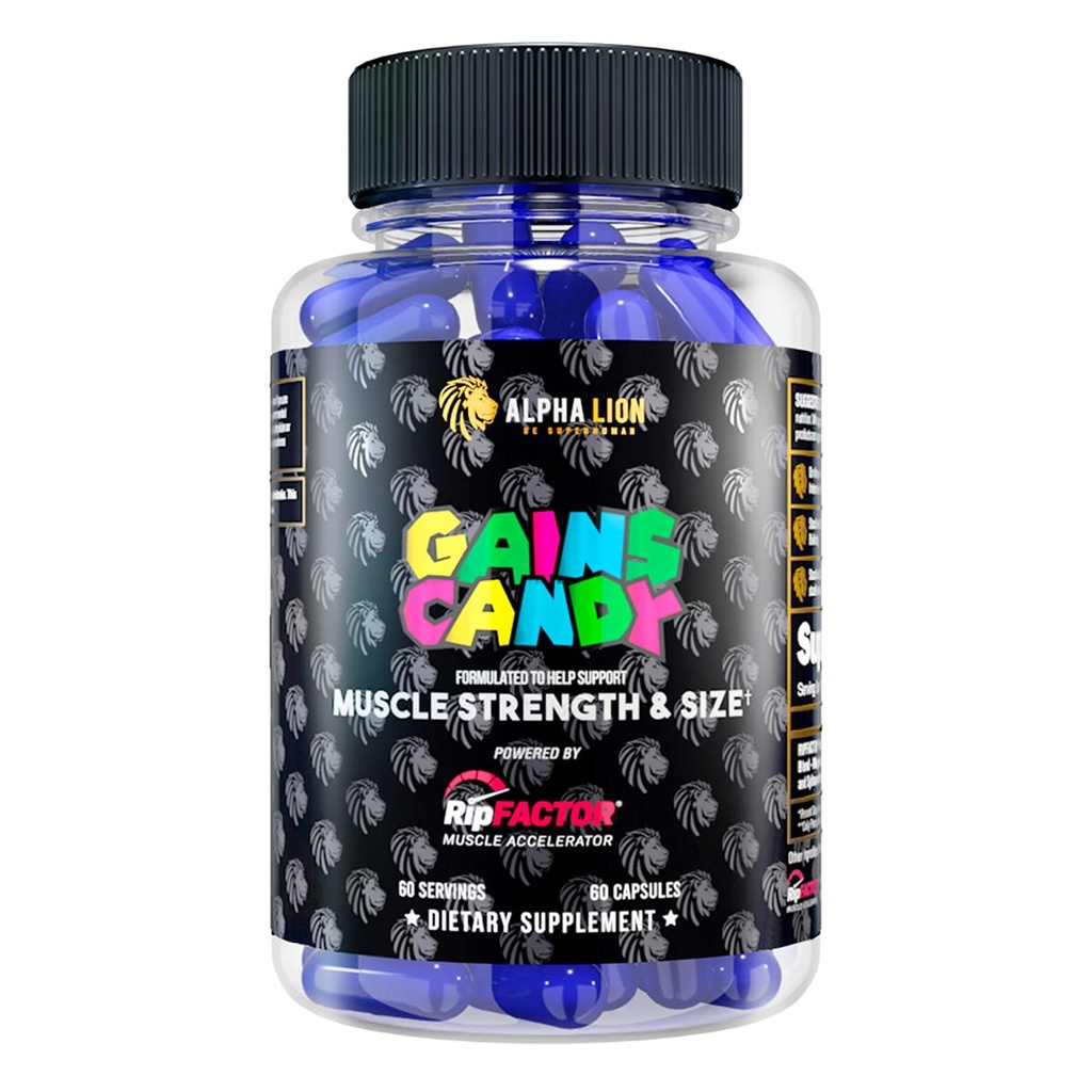 ALPHA LION Gains Candy, Supplemento pillole per la crescita del muscolo, dimensione, & forza, Nitric Oxide Booster, Muscle Builder, Utilizzare quotidianamente per aggiornare l'energia e le prestazioni di allenamento, 60 capsule (RipFACTOR®)