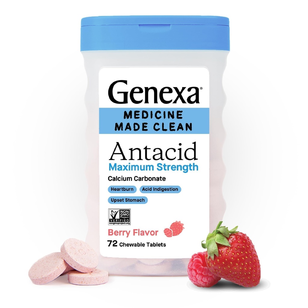 Genexa 3 Pack compresse masticabili pulite | Carbonato di calcio di massima resistenza per bruciore di stomaco, indigestione acida e sollievo di stomaco | Dye Free, 0% additivi artificiali | Sapore di bacche, 216ct