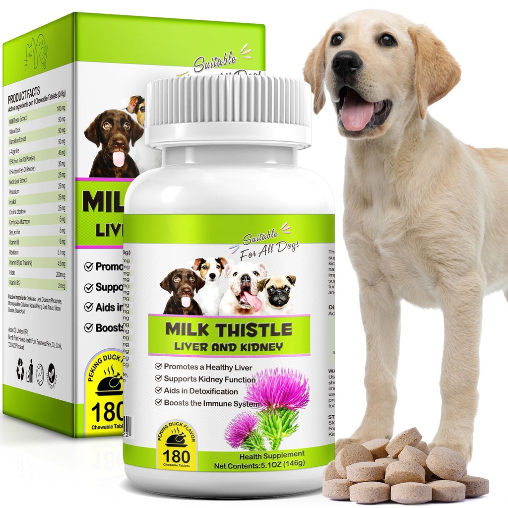 Cardo al latte per cani, 180 compresse masticabili Integratore di cardo per cani Supporto per fegato naturale per animali domestici, pulizia del rene e riparazione, Boost Sistema immunitario Peking Duck Flavor