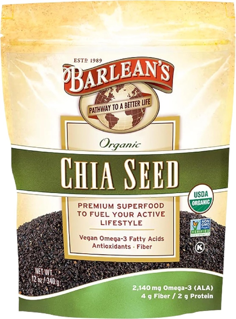 Semi di chia organica di Barlean con 2,140 mg Omega 3 acidi grassi, supplemento di fibra per l'intero seme di chia per Smoothies, non OGM certificata, 12 oz