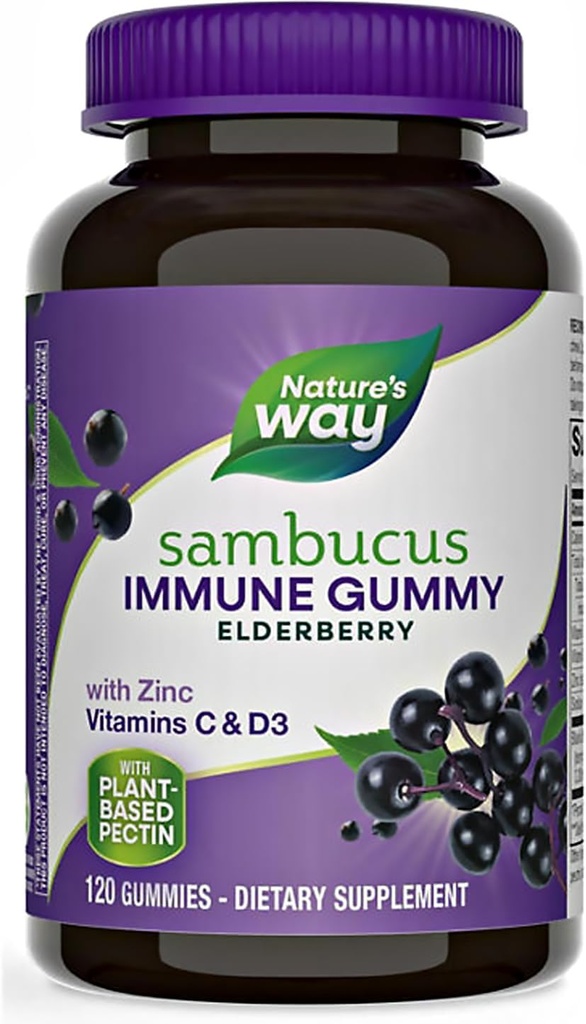 Natures+Way Sambucus Elderberry Gummies, con vitamina C, vitamina D e zinco, supporto immunitario per bambini e adulti, 120 Gummies