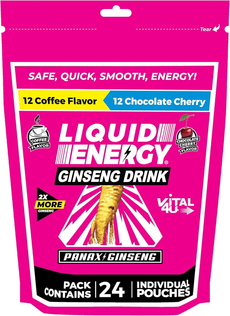 VITAL 4U® Liquid Energy Shot - Caffè e Cioccolato Ciliegia Combo Pack, Ginseng, Vitamine B, naturalmente addolcito, 24 ct
