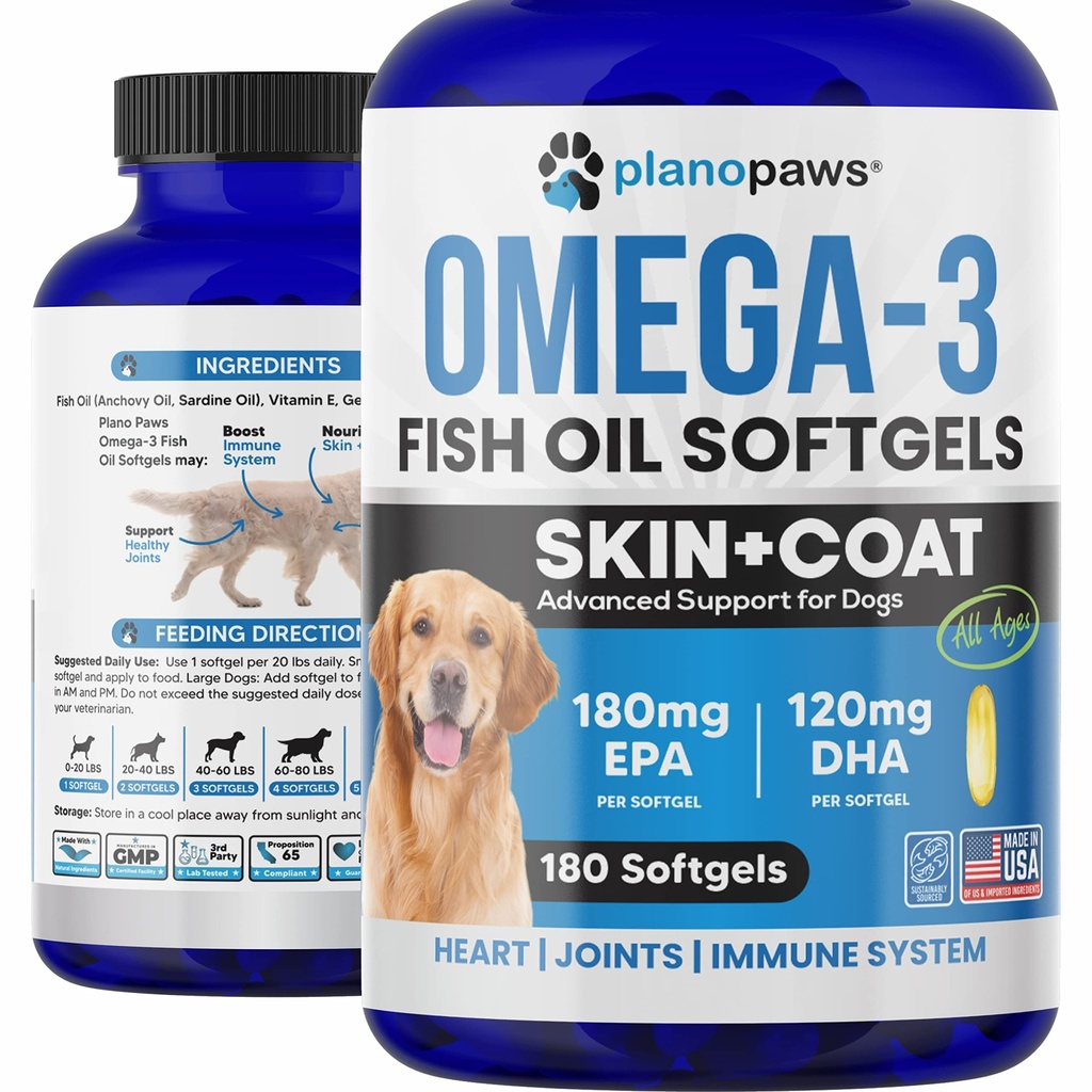 Olio di pesce Omega 3 per i cani capsule - Olio di salmone per i cani - Supplemento di olio di pesce del cane può aiutare a perdere, allergia, prurito - supporto pelle secca, articolazioni - pelle di cane e cappotto supplemento - 180 Pillole di olio di pesce
