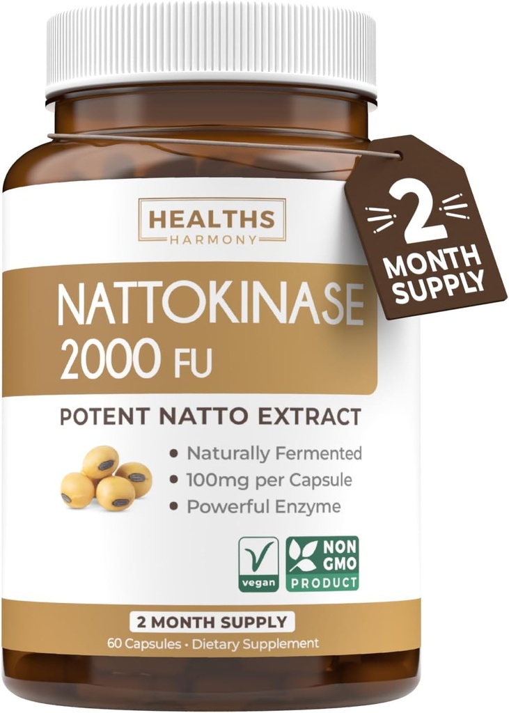 Sanità Harmony Nattokinase 2000 FU (non OGM) Potente Nattokinase Supplemento Fatto da Soia naturalmente Fermented - (2 mesi di fornitura) 60 Vegan Natto Capsule