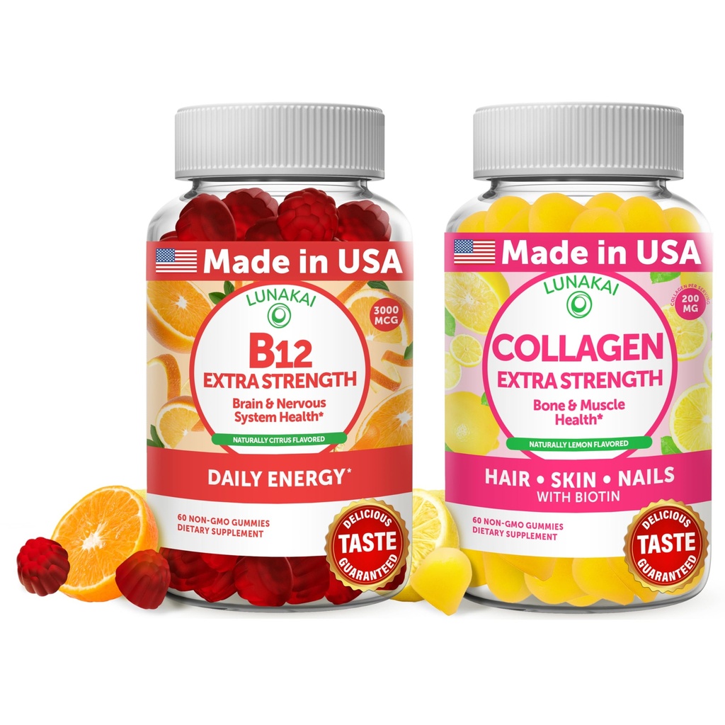 Lunakai Vitamina B12 e Collagen Gummies Bundle - 3000 mcg Methylcobalamin High Absorption Energy Gummies - Non OGM Anti Aging Supplements for Men & Women - 30 giorni di alimentazione