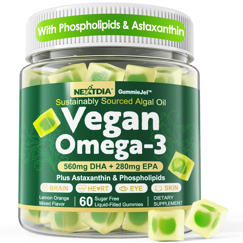 Vegan Omega 3 Gummies + Phospholipids, Astaxanthin, Vitamina D3, DHA 560mg & EPA 280mg, Fish-Free Algae Omega 3 Supplemento per adulti e bambini per cervello, occhio, pelle e salute generale, Zucchero libero, 60 Ct