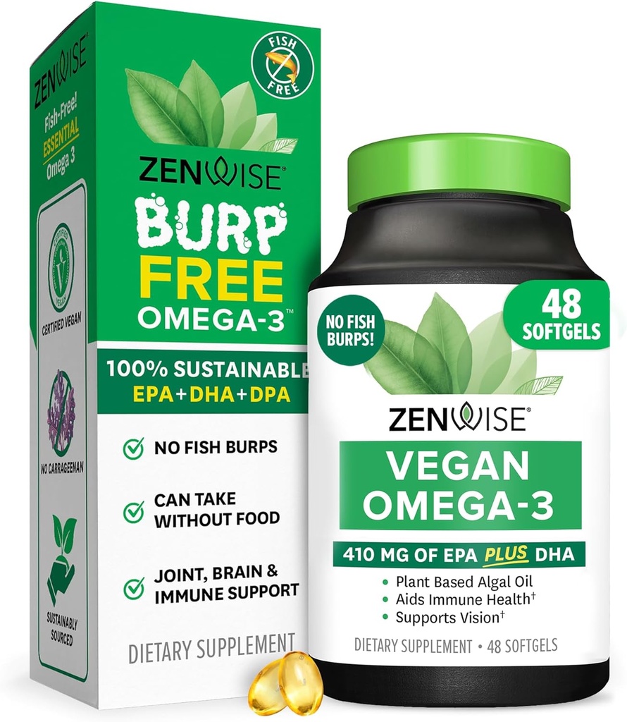 Zenwise Salute Vegan Omega 3 Supplemento - Burpless Omega 3 Supplemento con DHA, EPA & DPA acidi grassi per la salute immunitaria - Olio di pesce alternativa da Sustainably Sourced Marine Algae Oil - 48 Softgels