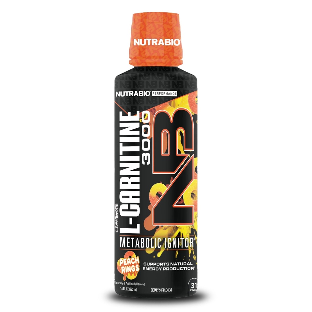 NutraBio – L-Carnitina Liquid Shots – 3000mg, (Peach Rings) – 10mg di vitamina B-5 – Zero Carbs & Sugars – Energy Production – Recupero muscolare
