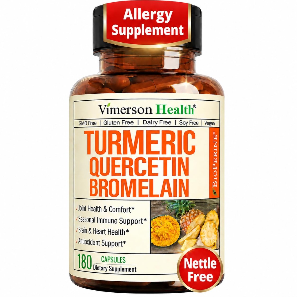 Quercetina con Bromelain curcumina curcuma curcuma Supplemento – Allergy Relief, Joint & Immune Support – Integratore currico organico con pepe nero (Bioperine) – 180 capsule Quercetin 500mg