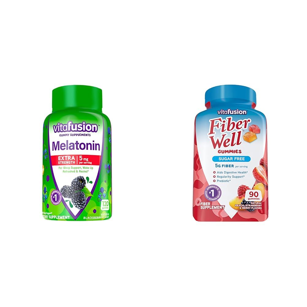 Vitafusion Extra Forza Melatonin Gummy Vitamine, 5mg, 120 ct Gummies & Fibra Bene Zucchero Fibra gratuito Supplemento, Peach, Fragola e BlackBerry integratori aromatizzati, 90 Conte