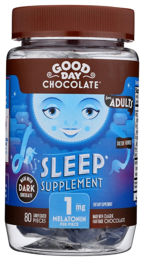 Buona giornata Melatonina di cioccolato scuro per adulti [80 Conte ] - Commercio equo Cioccolato di latte scuro non OGM con camomilla e melatonina 1 mg - Melatonina adulta, Supplemento di aiuto naturale per adulti