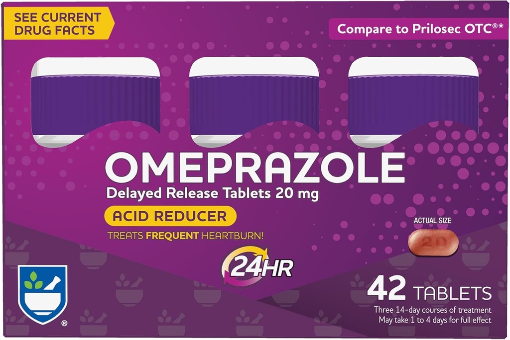 Rite Aid Acido Riduttore Omeprazolo Delayed Release Tablets - 20 mg, 3 bottiglie, 14 conte Ogni (42 conteggio totale), Unflavored, Rilievo di bruciore di stomaco, Medicina di bruciore, Treats