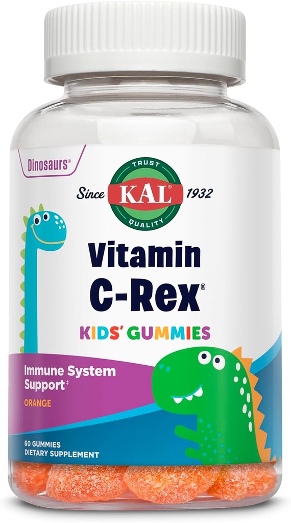KAL Vitamin C-Rex Kids’ Gummies, Vitamina C Gummies per bambini, Immune sano, Bone, Muscle & Skin Support Vitamina C Gummy, Vegan, Gluten Free, 60 Day Money Back Guarantee, 30 Servings, 60 Gummies