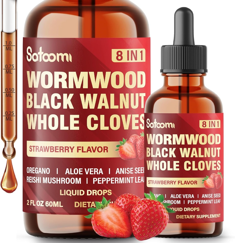 Satoomi 8in1 Gocce liquide di Wormwood con noce nera, chiodi interi e 5 di più - 60ml per 60 giorni di alimentazione