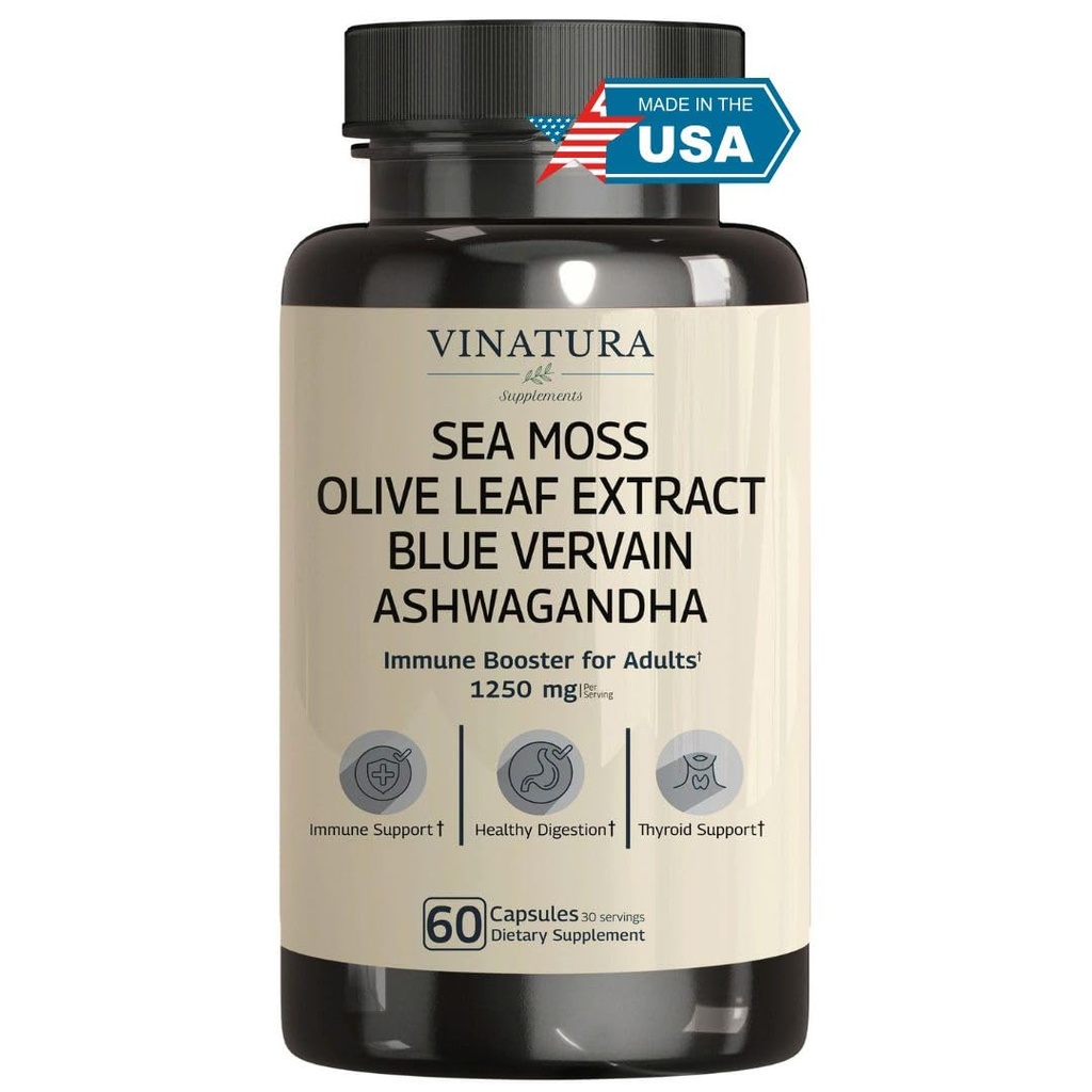 VINATURA Organic Sea Moss, Blue Vervain - con olio di semi neri, Ashwagandha, Ginger, Burdock Root Capsules - 1250mg per porzione, *USA Made &Tested* Booster immunitario per adulti