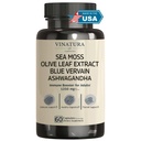 VINATURA Organic Sea Moss, Blue Vervain - con olio di semi neri, Ashwagandha, Ginger, Burdock Root Capsules - 1250mg per porzione, *USA Made &Tested* Booster immunitario per adulti