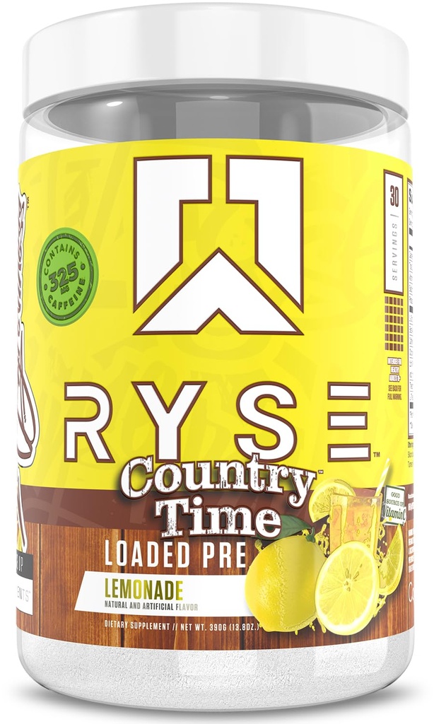 RYSE accumulato polvere pre allenamento - Country Time Lemonade - Pre-allenamento giornaliero per uomini e donne con 325 mg di caffeina, Beta Alanina, e Citrulline per pompa, messa a fuoco e energia - 30 Serve