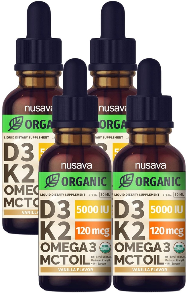 (4 Pack) Gocce di vitamina D3 K2 organiche con olio MCT Omega 3, 5000 IU, vitamina D massima resistenza liquida - nessun filler, liquido non OGM D3 per assorbimento più veloce e supporto immunitario (Vanilla, 4 Fl Oz)