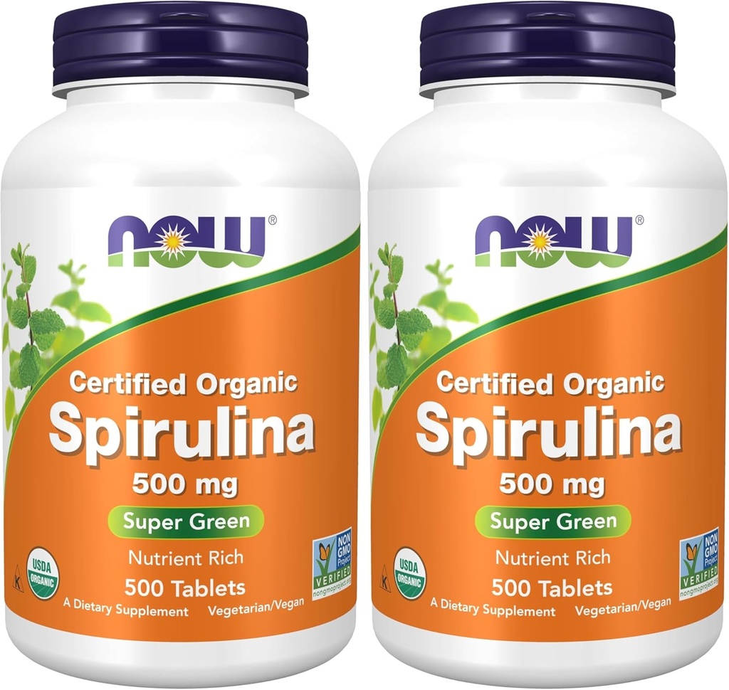 NOW Integratori, Spirulina Organica 500 mg con Vitamine, Minerali e GLA (Acido Gamma-Linolenico), 500 compresse (Pacchetto di 2)