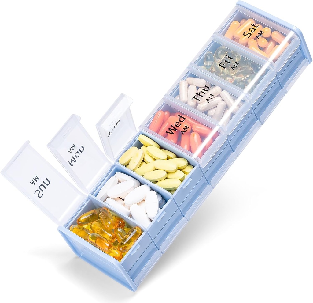 Extra Large Weekly Pill Organizer 2 volte al giorno - Betife 7 Day Pill Box, AM PM Pill Case con doppio strato Jumbo Compartment per Pillole, Vitamina, Fish Oil, Supplementi (blu/bianco)