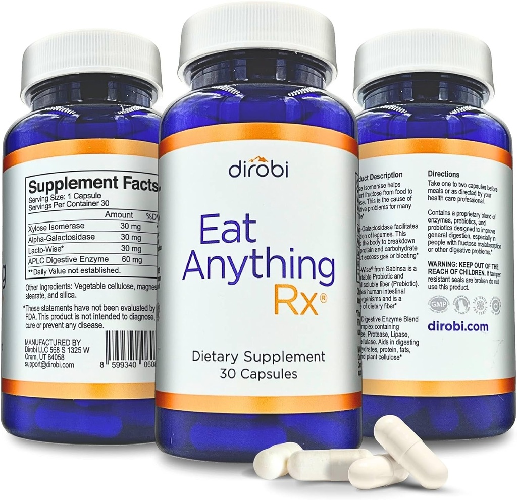 Dirobi Mangia tutto Xylose Isomerase Fructose Malabsorption Enzymes, FODMAP Supplement, Enzimi Digestivi per Lattosio Migliore, Grasso, Proteine & Carboidrate Digestione Gas & Bloating Relief 30 capsule