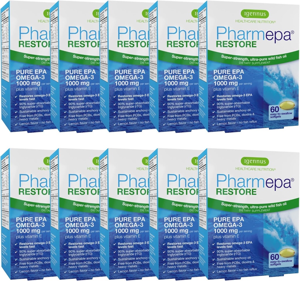 Igennus Pharmepa Restore, Pure EPA 1000mg, Omega 3 rTG Fish Oil, Certificato IFOS, Alto assorbimento, 90% Concentrazione Triple Strength, Wild & Sustainable, Limone Flavor, 10 Metri di alimentazione, Confezione da 10