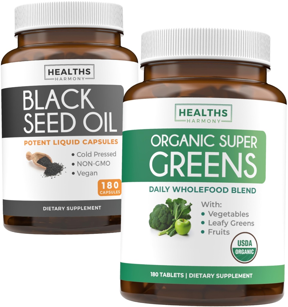Olio di semi neri & Super verdi organici (3-mese di alimentazione) Seed & Sprout Bundle di olio di semi neri (180 capsule) Polvere di Nigella Sativa & Super Greens pregiata a freddo (180 compresse) Superfood completo