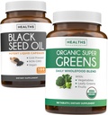 Olio di semi neri & Super verdi organici (3-mese di alimentazione) Seed & Sprout Bundle di olio di semi neri (180 capsule) Polvere di Nigella Sativa & Super Greens pregiata a freddo (180 compresse) Superfood completo