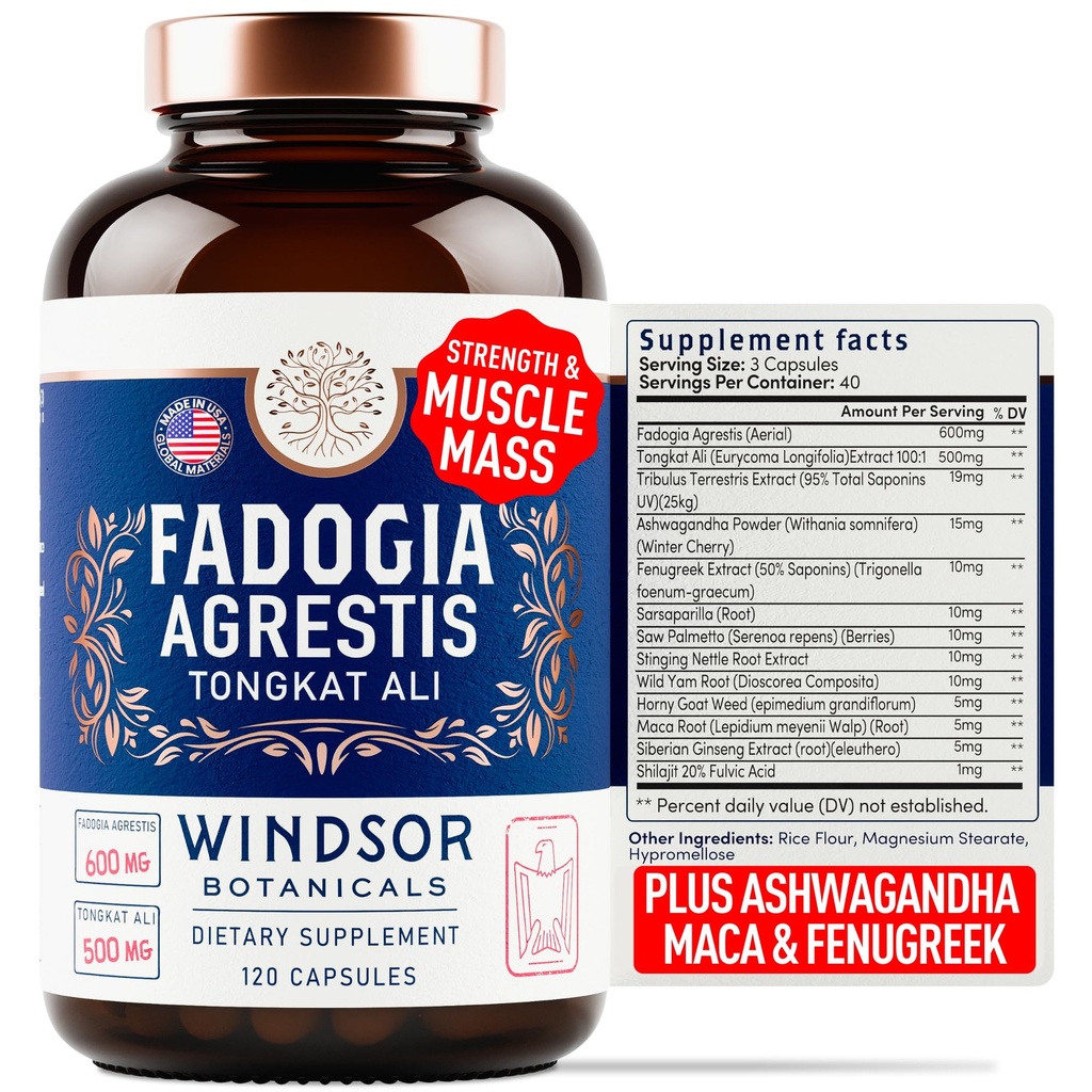 Fadogia Agrestis e Tongkat Ali Supplemento - Fadogia Agrestis 600mg, 500mg Longjack Tongkat Ali per Uomo, Maca Root, Fenugreek, Ashwagandha, Saw Palmetto per sostenere l'energia, Stamina, Vitality - 120Caps