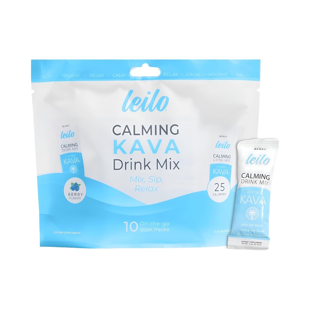 LEILO Calming Kava Drink Mix | Polvere aromatizzata a bacca per sostenere il relax | Miscela antialcolica/adaptogena per cocktail | (10 Ct./Servings)