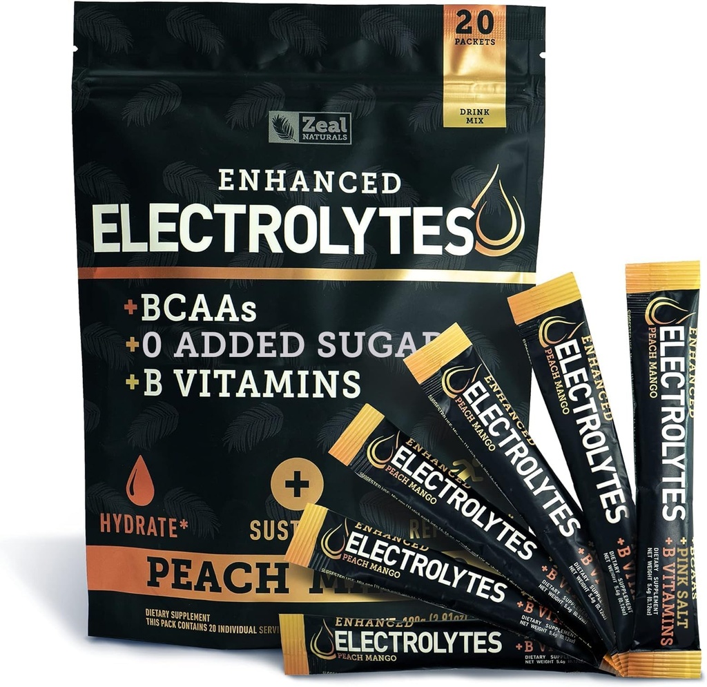 Polvere elettrolitica avanzata (Peach Mango 20pk.) w 0 Zucchero +BCAAs +B-Vitamins Integratore elettrolitico w Potassium Zinc & Magnesio per l'idratazione - Keto Electrolytes