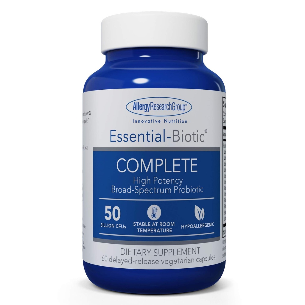Gruppo di ricerca allergia Essential-Biotic Supplemento completo - Probiotici ad alta potenza per uomini e donne, Supporti Gut & Salute digestiva, 50 miliardi di CFU, Delayed-Release capsule vegetariane - 60 conte