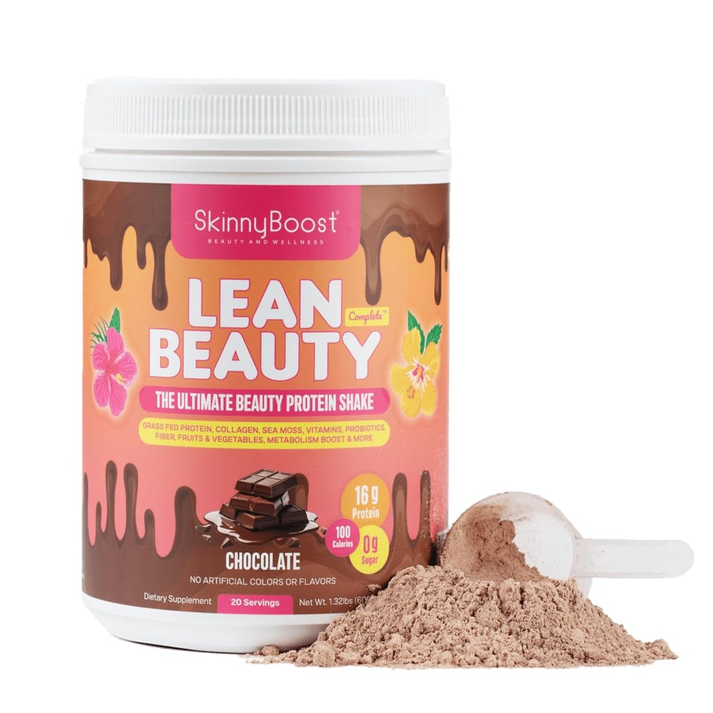 Lean Beauty Collagen Protein Shake – Chocolate | Meal Sostituzione Polvere con Grass-Fed Whey, Collage idrolizzato, Vitamine, Fibra e Nutrienti di Bellezza | Supporti Capelli, Pelle & Unghie | Sugar-Free, All-Natural, 20 Servings