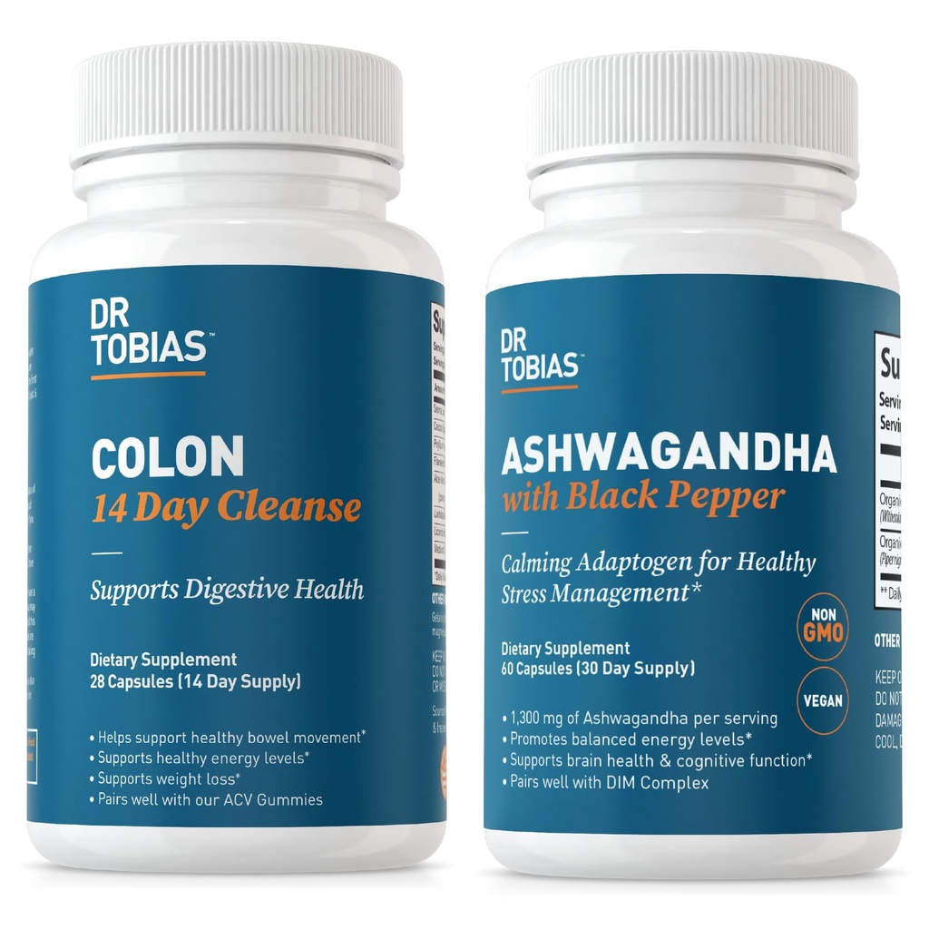 Dr. Tobias Colon 14 giorni Cleanse e Ashwagandha Capsule, Colon Cleanse Detox e calmante Adaptogen, Supporti Energia e Salute Immune, Non OGM