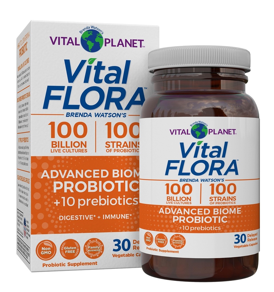 Vital Planet - Vital Flora Advanced Biome Probiotic 100 miliardi di CFU, 100 Strains Diverse, 10 Prebiotici Organici, Supporto Immune, Probiotici per la Salute Colon e Digestiva per Donne e Uomini 30 Capsule