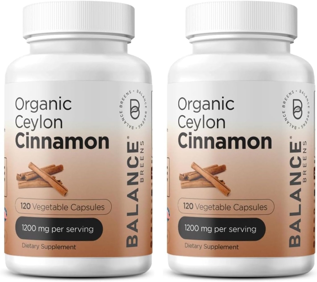 Balancebreens Certificato Organic Ceylon Cinnamon 1200mg Supplemento - 120 Veg Capsule - Cuore, Cervello e Joint Function Support - No Filler Pills (Pack of 2)