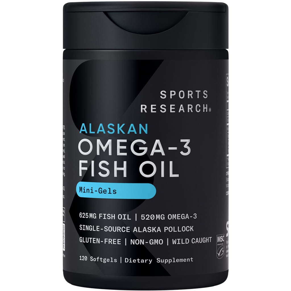 Ricerca sportiva Olio di pesce Mini-Softgels - Facile da ingoiare Omega-3 acidi grassi da Wild Caught Alaska Pollock - 625mg, 120 Softgels