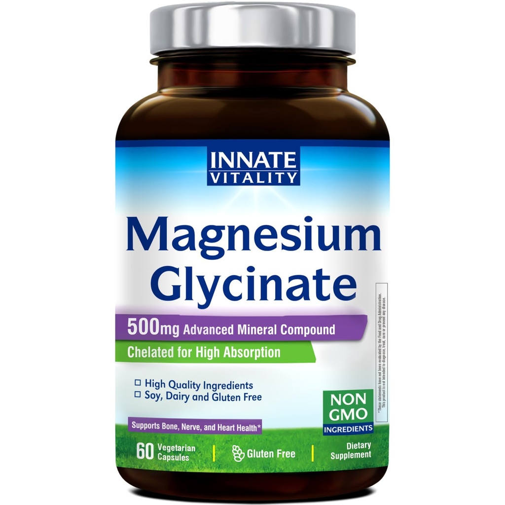 Innato Vitality Magnesio Glycinate 500mg | 70mg Integratore di Magnesio Elementale- Alto assorbimento, Non Buffered, Non OGM & No Gluten - Nerve, Bone & Heart Health - 60 Vegan Capsule Magnesio