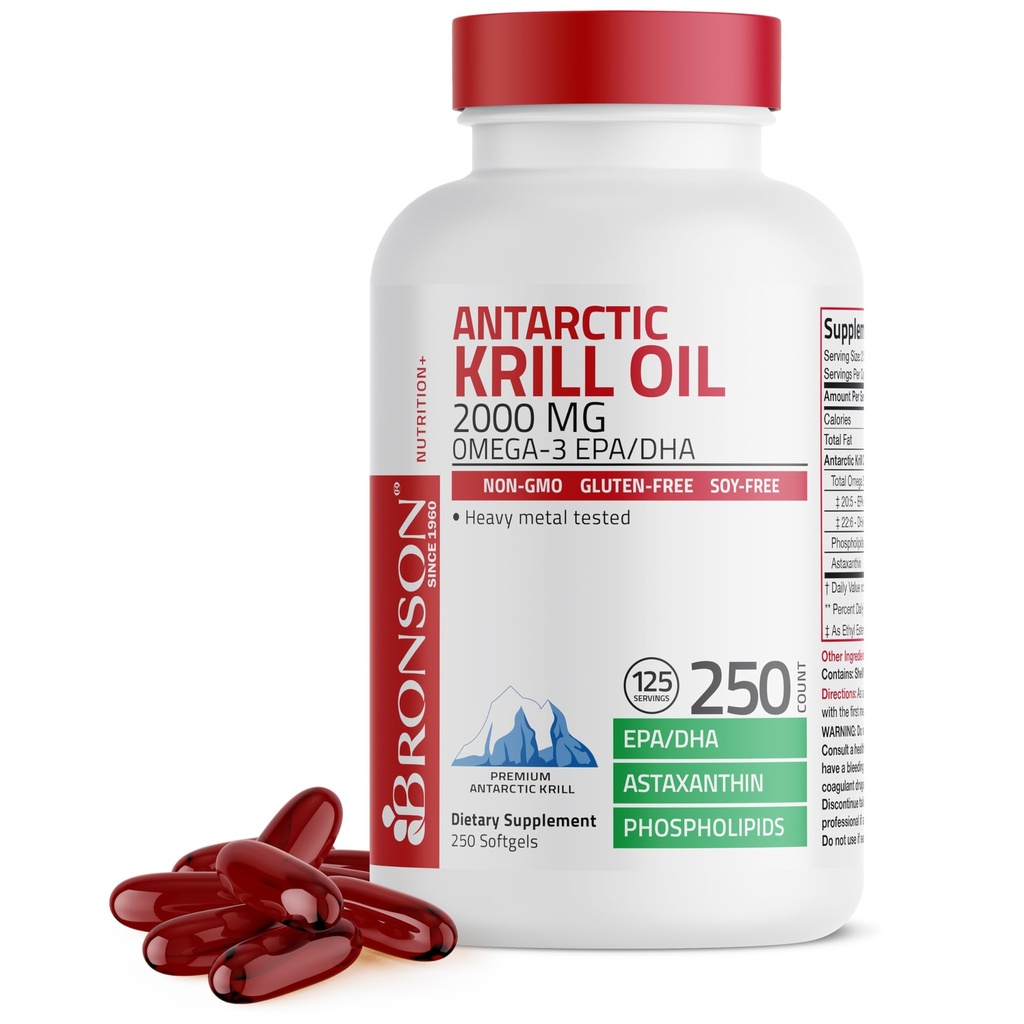 Bronson Antarctic Krill olio 2000 mg con Omega-3s EPA, DHA, Astaxantina e Phospholipids, 250 Softgels (125 Servings)