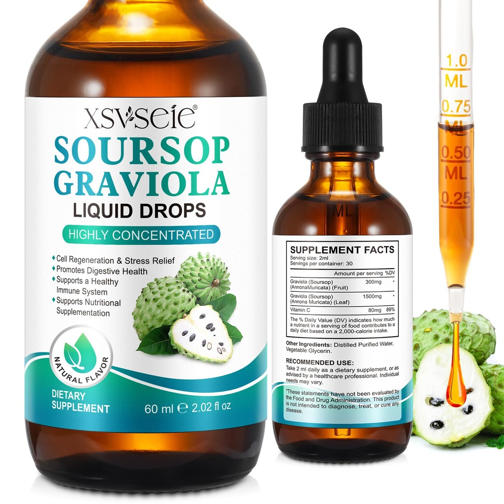 Soursop Graviola Liquid Drop, Soursop olio per il supporto e la rigenerazione, Immune Boost, Relax, fegato e sonno, Soursop Bitters Liquid, Vegan, Sugar & Gluten Free, Natural Flavor, per gli uomini e le donne-2 Fl Oz