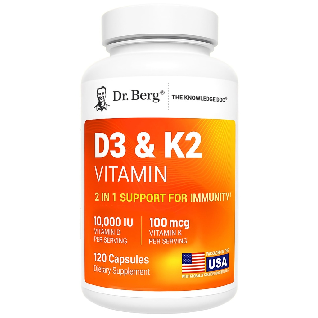 Dr. Berg Massima Forza 2-in-1 Vitamina D3 K2 10.000 IU | Naturalmente Derived D3 | 4X Lab-Tested & Verified | Formula ad alto assorbimento | K2 D3 Vitamin Supplemento - 120 capsule