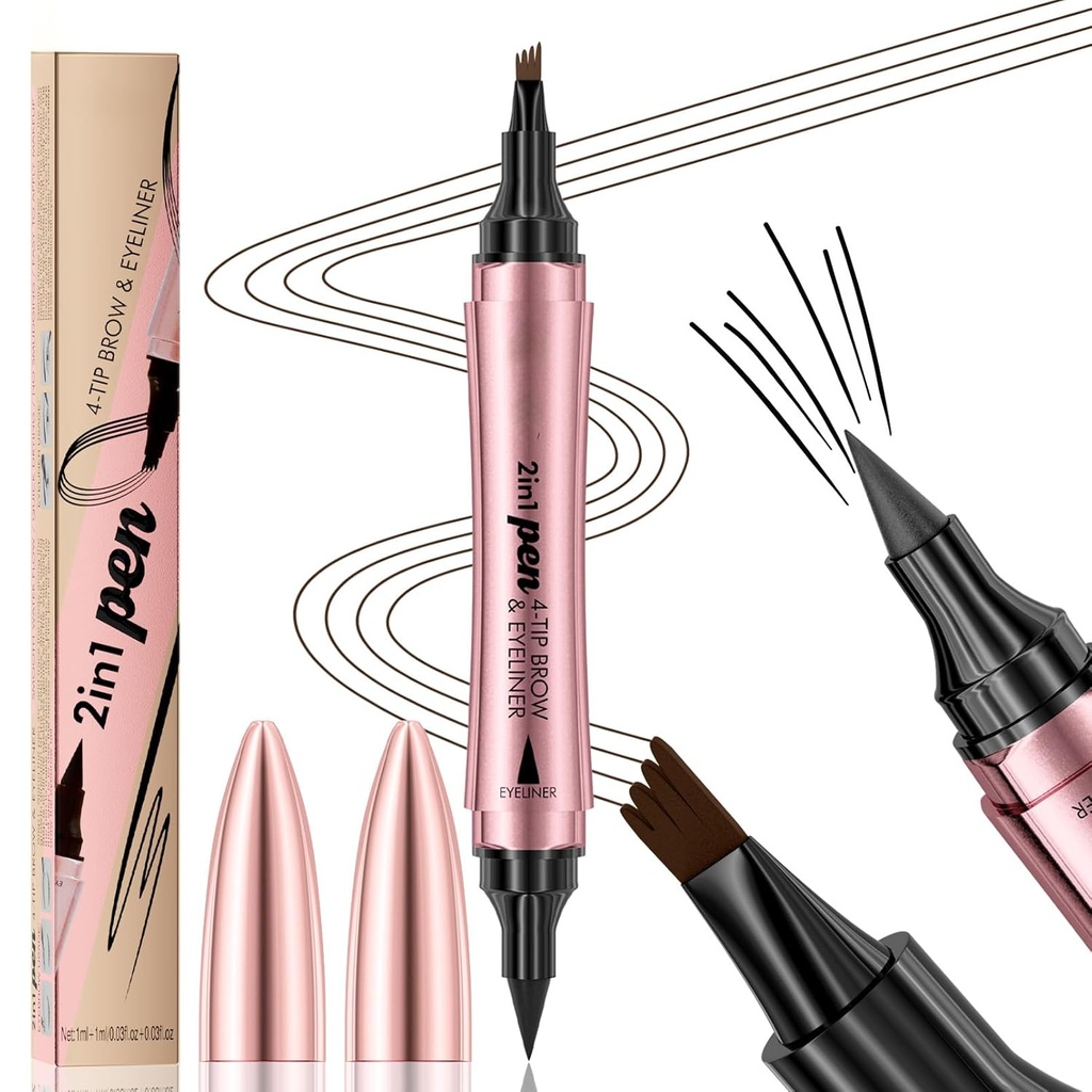 Q710 2in1pen,4-Tip Brow pen&Eyeliner,Dcuble-ended design, trucco del sopracciglio selvatico, penna del sopracciglio microblading, impermeabile, Nib soft, con un ictus liscio(2#Dark Brown)