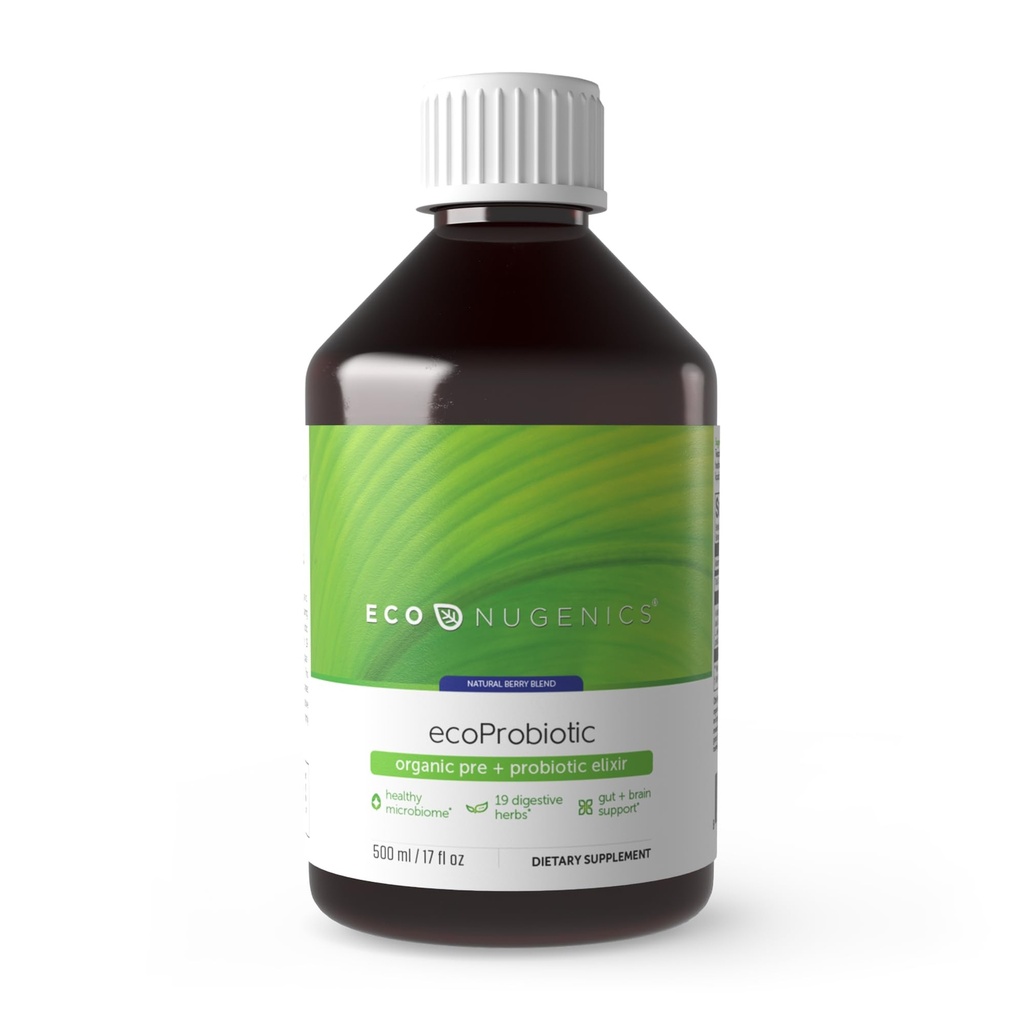 EcoNugenics ecoProbiotici: Integratore Probiotico e Prebiotico per Donne & Uomini w/ 19 Erbe Digestive – Supporta il Microbiome & Gut Health + Funzione Immune – Formula vegana liquida fermentata dal vivo (17 oz)