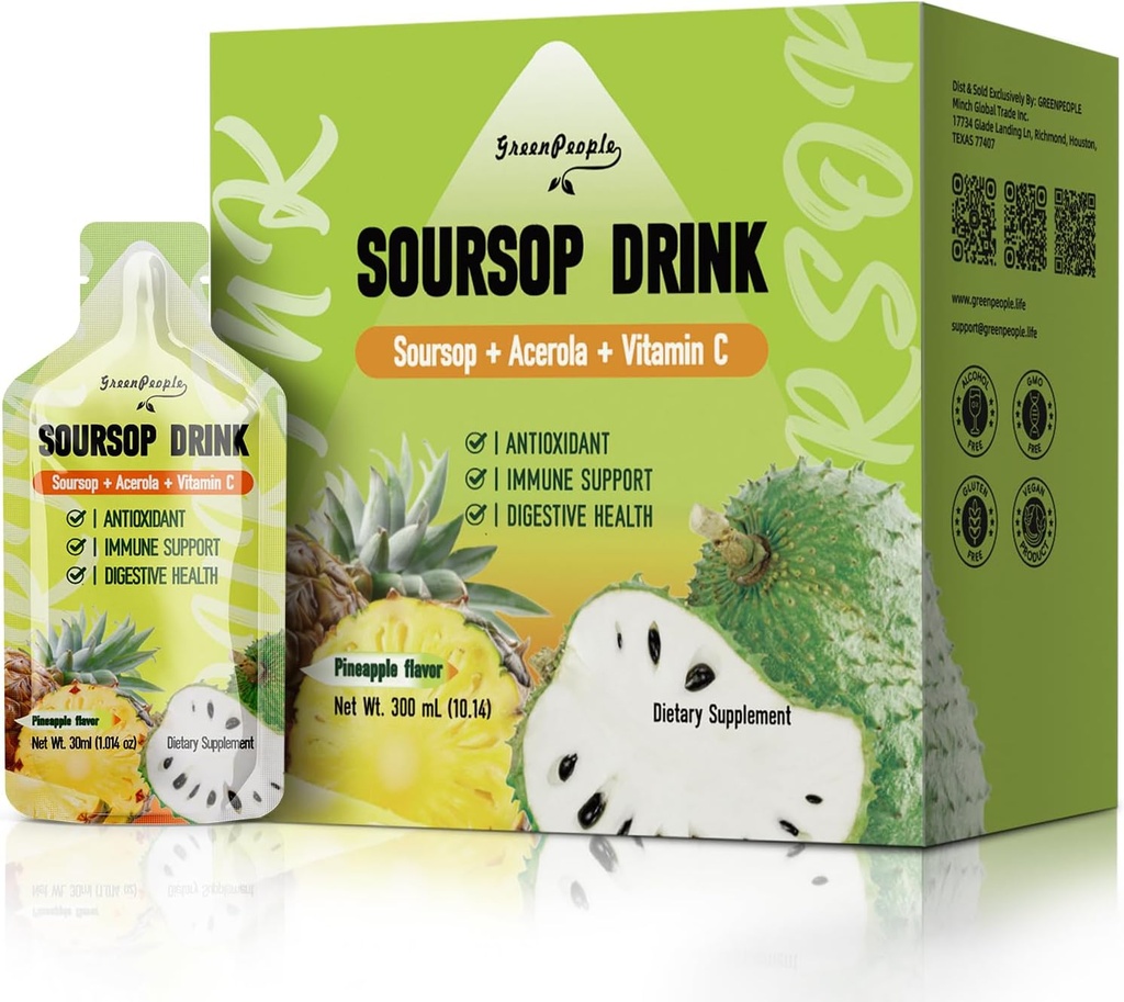 GREENPEOPLE Soursop & Acerola Liquid Supplement Drink, Soursop Bitters Liquid, Immune Boosting Vitamin C Drink, Assorbimento rapido, Vegan, Non-GMO, 10 Packets