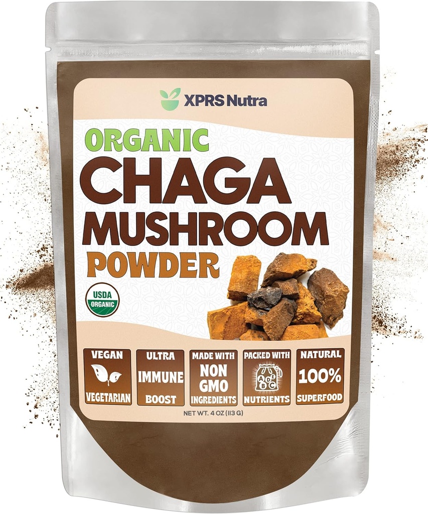XPRS Nutra Organic Chaga Mushroom Powder - Premium USDA Organic Chaga Mushrooms Powder - Chaga Powder for Immunity - Vegan Friendly Superfood for Chaga Tea and Beverages (4 oncia)