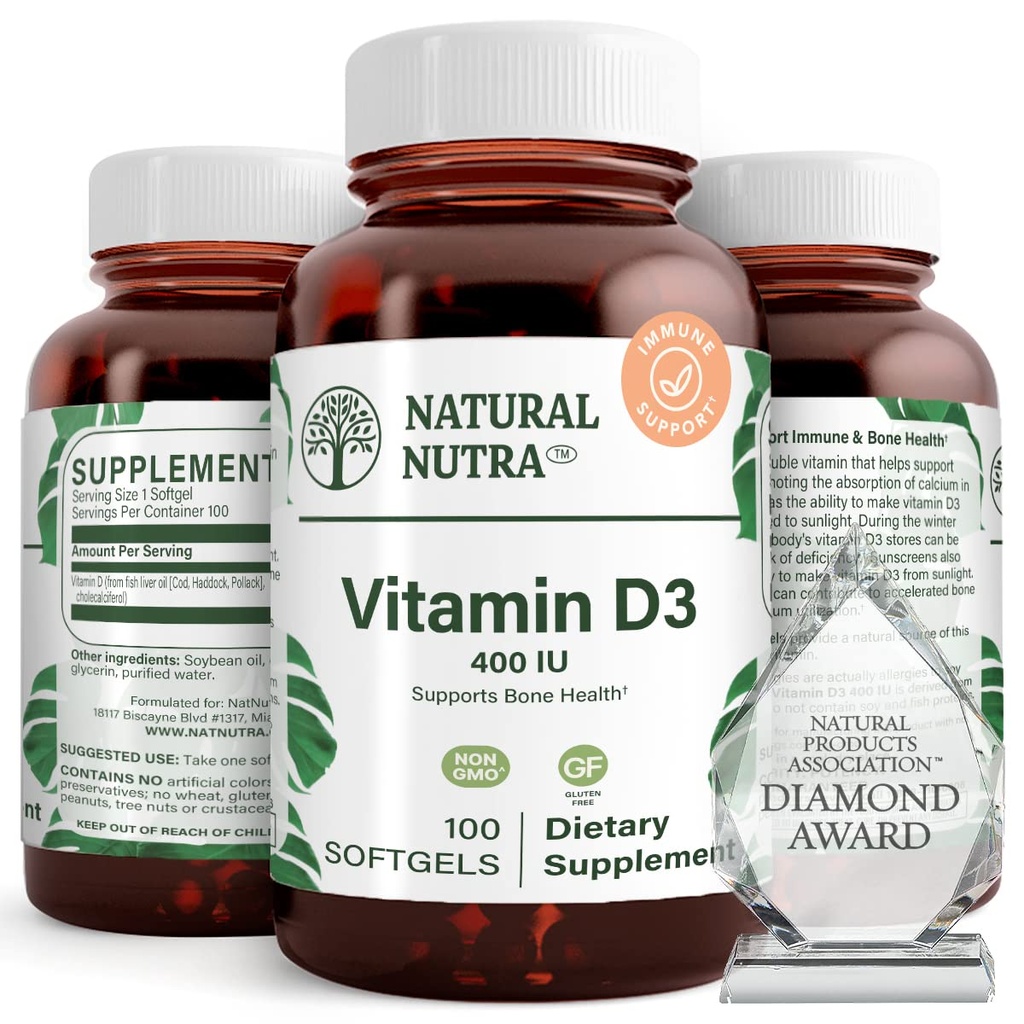 Natural Nutra Supreme Vitamin D3 400 IU Softgels, Aiuta a migliorare l'immunità, Support Lungs Health, Sunshine Vitamin, Aiuta a migliorare la salute cardiovascolare, Bone e denti di resistenza, senza glutine, 100 Softgels
