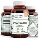 Natural Nutra Supreme Vitamin D3 400 IU Softgels, Aiuta a migliorare l'immunità, Support Lungs Health, Sunshine Vitamin, Aiuta a migliorare la salute cardiovascolare, Bone e denti di resistenza, senza glutine, 100 Softgels