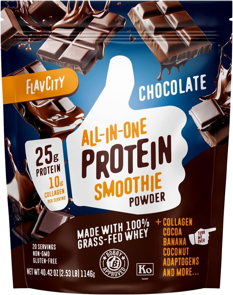 FlavCity Grass Fed Whey Chocolate Protein Powder - 25g Protein & 10g Collagen - Realizzato con Cocoa Organico, Bananas & Coconut Milk - Gluten Free & No Aggiunto Sugars (20 Servings)