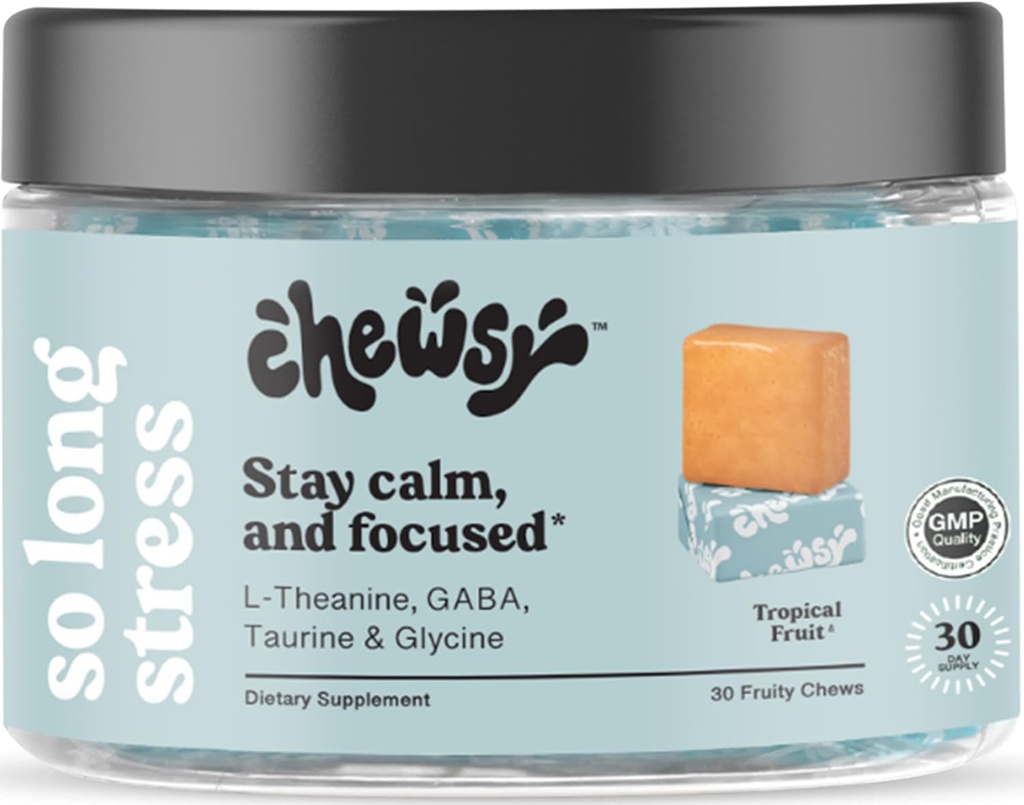 Chewsy So Long Stress, Calm Fruity Chews, Stai calmo e concentrato. w/L-teanina, aminoacido, GABA, glicina, tirosina, taurina e magnesio. Non OGM e senza glutine. Tropical Fruity Chews, fornitura di 30 giorni