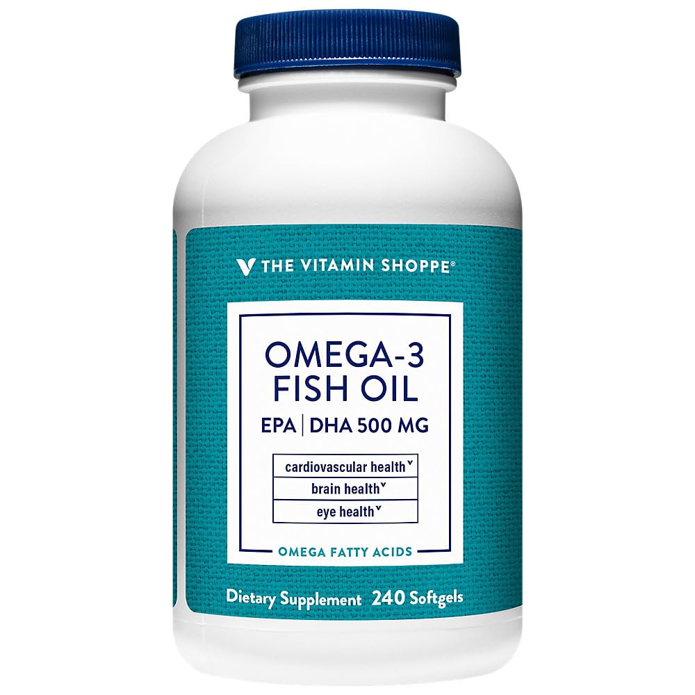 La vitamina Shoppe Omega 3 Fish Oil, EPA & DHA 500mg, Purity Assured, Molecularly Distilled to Support Cardiovascolare, Joint and Brain Health 1000mg (240 Softgels)